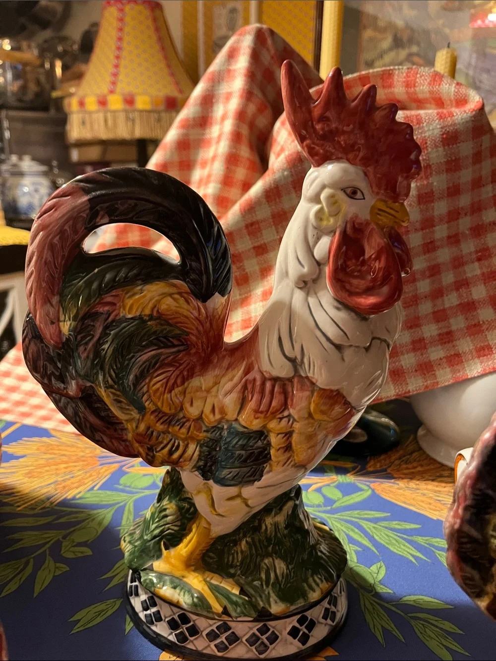 French Country 4 piece Ceramic rooster and hens figurines teapot and cracker jar